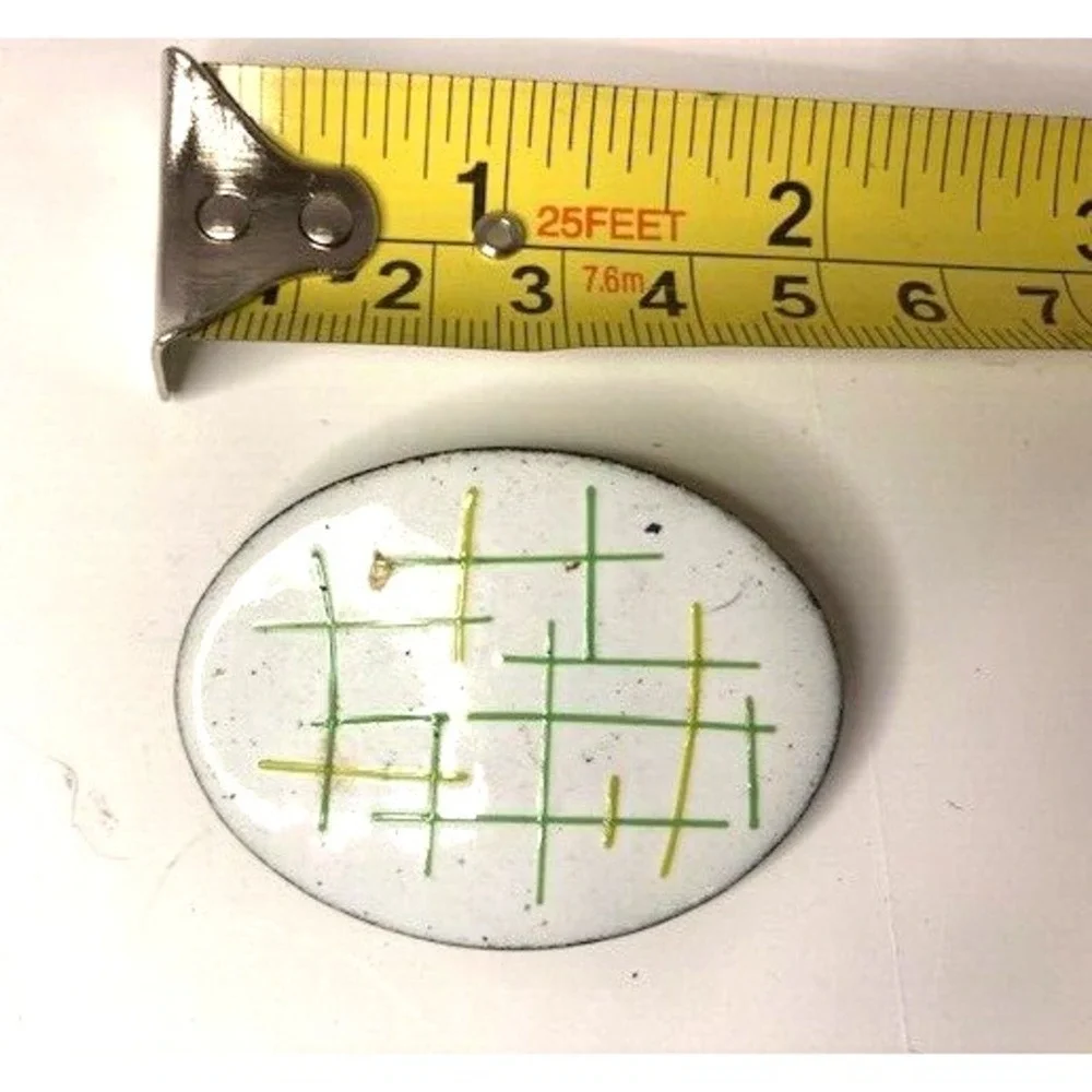 Vintage Oval Modernist White enamel Abstract Yellow and‎ Green Brooch 2 inch